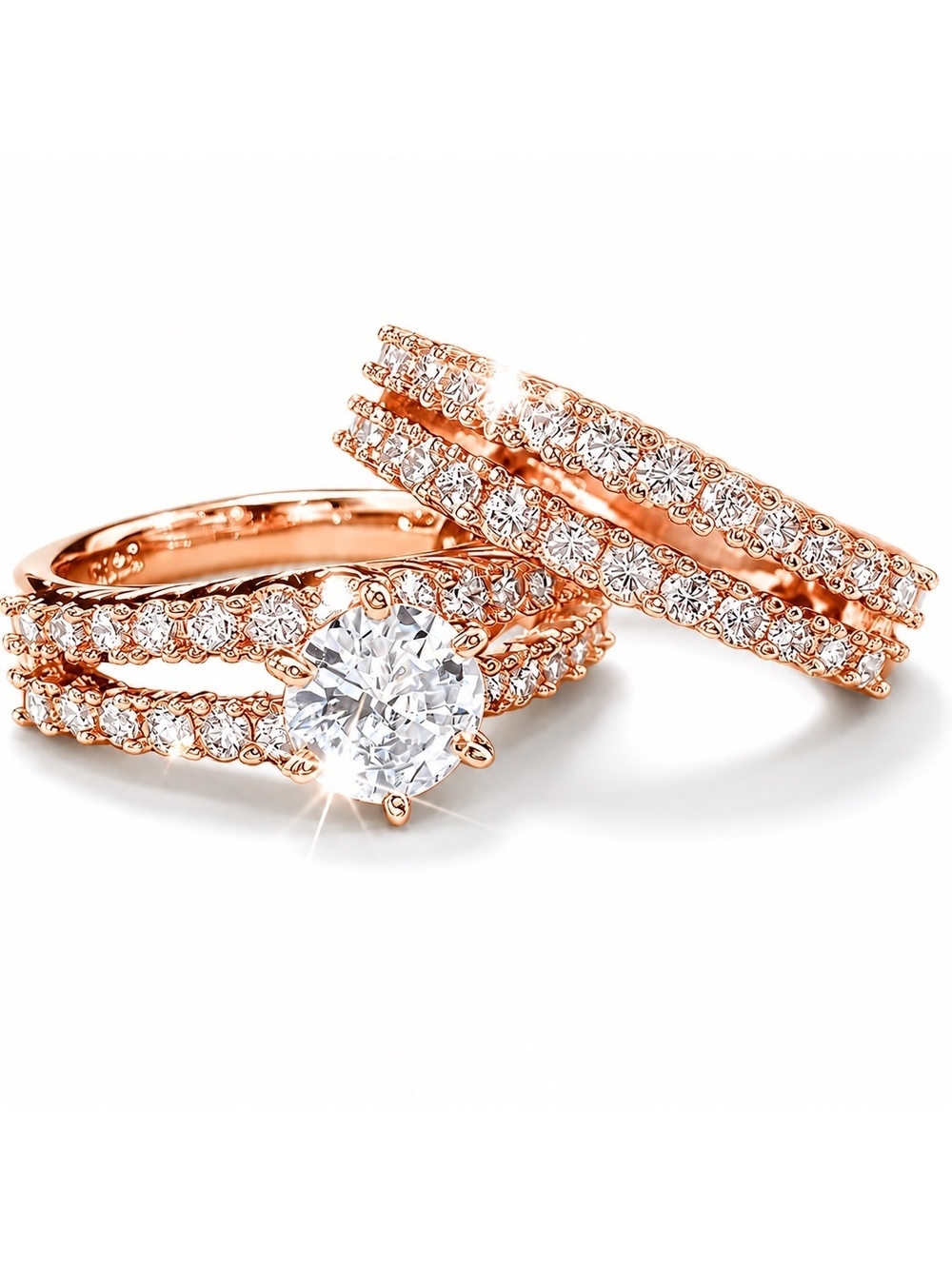 14k Rose Gold-Plate Double Row Stackable Wedding Engagement Ring 2-piece Set